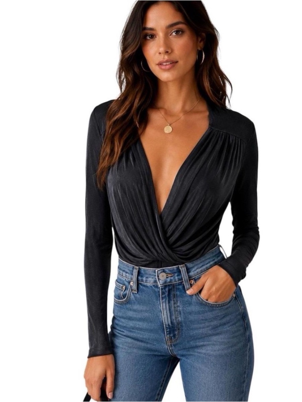 Free People Black Draped Wrap Tie-Front Bodysuit - Long Sleeve